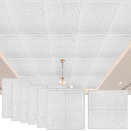 Nuanchu Lot de 20 carreaux de plafond en mousse à décoller et à coller - Panneaux muraux 3D 35 x 35 cm - Carreaux muraux blancs autocollants et imperméables - Pour salon, chambre à coucher (frais)