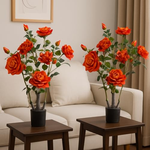 DanLink 2 Stück 70CM Kunstblumen Rosenbusch, Kunstblumen Wie Echt, Kunstrosen Im Topf Rosenstrauch Deko für Hochzeitsdeko, Tischdeko, Balkon, Terrasse, Garten, Hotel, Restaurant(Orange)