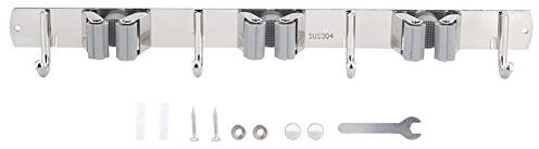 Broom Holder Wall Mount, Stainless Steel Broom Organizer Wall Mount Mop Hanger 3 Racks 4 Hooks for Home Kitchen Garden Garage Laundry