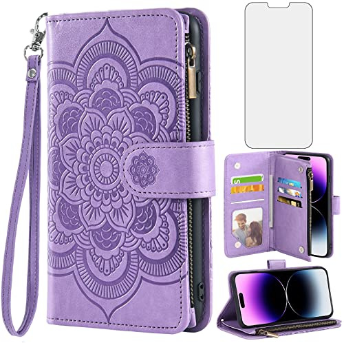 Asuwish Phone Case for iPhone 14 Pro Max 6.7 inch Wallet Cover with Screen Protector and Flower Flip Card Holder Cell Accessories iPhone14promax 5G i Phone14Max Plus iPhone14 ProMax Women Men Purple