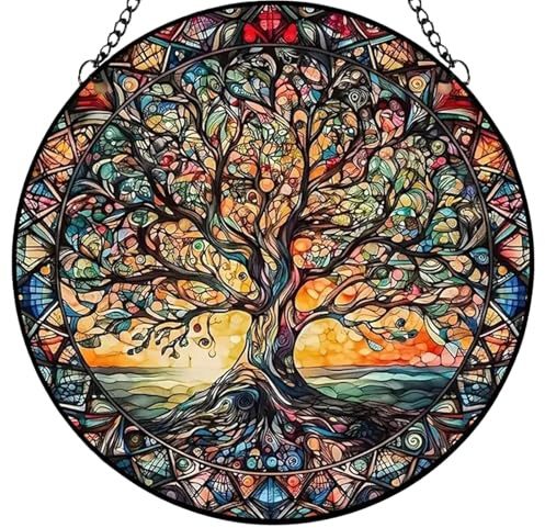 Stained Glass Window Hanging Colorful Tree of Life Wall Art Panel Green Yellow Suncatcher Decoration for Home Easter Birthday (Multicolour2, C)