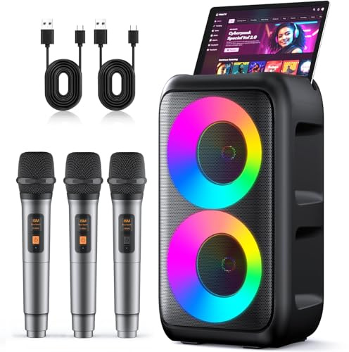 Karaoke Machine, Portable Bluetooth Speaker with 3 Wireless Karaoke Microphones, Featuring three microphones, 2x10W Karaoke for Adults Kids with Upgraded Subwoofer, PA System, Support TWS/TF/USB/AUX