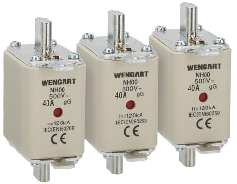 Wengart 3er Set NH00 Sicherung 40A gG/gL, AC 500V Messersicherung mit High-Visibility Kombimelder, 120kA Ausschaltvermögen, Versilberte Kontaktmesser (30mm Breite), Ideal für Wallbox & Wärmepumpen