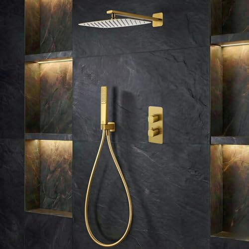 IMEX - Douche Encastrée Thermostatique Dorée | Ensemble Encastré de Robinetterie avec Pommeau et Douchette Anticalcaire Effet Pluie | Douche Encastrée avec Mitigeur en Laiton et Acier Inoxydable S.304