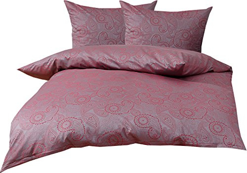 Bettwaesche-mit-Stil Mako Satin Damast Paisley Bettwäsche Garnitur Davos 200x220 + 2X 80x80 rot - grau
