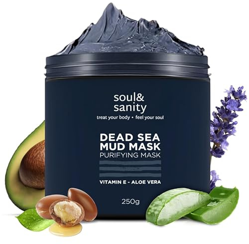 Soul & Sanity Totes Meer Schlammmaske – Gesichtsmaske mit Aloe Vera & Vitamin E – mineralreiche Detox Face Mask - Männer & Frauen – vegane Naturkosmetik, Tiefenreinigung & Pflege – 250 g