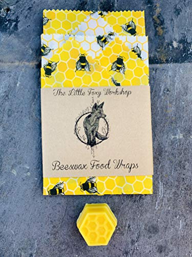 Natural Reusable Beeswax Food Wraps - Size Large (35x35, 35x35, 20x20, 20x20, 15x15cm) -Set of 5 Sheets Beeswax Wraps + 1 Refresher bar 20g