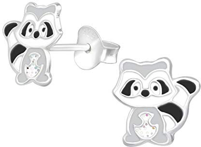 Laimons Mädchen-Ohrstecker Waschbär Teddy 9 mm Grau Schwarz Weiß aus Sterling Silber 925