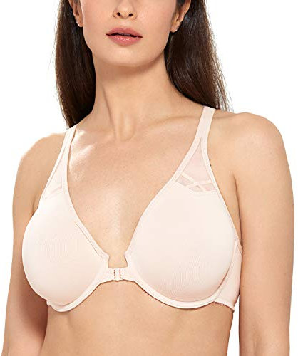 DELIMIRA Damen Vollschalen Vorderverschluss Seamless BH mit Bügel Ungepolster BHS Große Brüste Racerback Rose White 90G