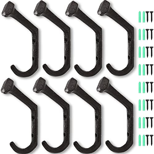 Dicunoy 8PCS Cast Iron Hooks, Rustic Wall Mounted Farmhouse Coat Hangers, Heavy Duty Clothe Hook, Vintage Black Railroad Spike Hooks for Hanging Coats, Bags, Hats, Towels, Keys, Clothes, Scarf