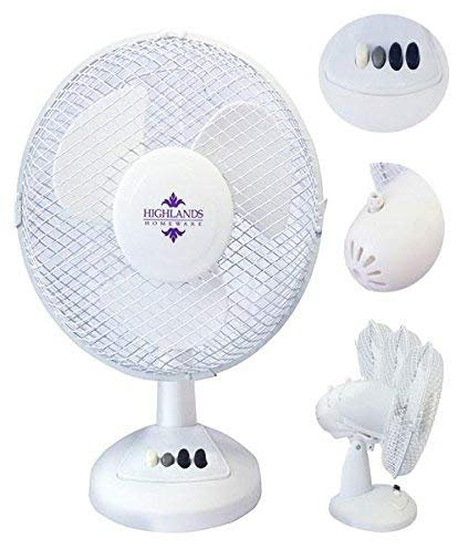 PRICECRUNCHERS HIGHLANDS 12 inch Oscillating Air Cooling Cord Portable Desk Fan - Tilting Head with Low Noise Motor - 3 Speed Setting Indoor Fan for Office & Home - White