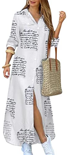 OMZIN Women 3/4 Rolled-Up Sleeve Shirt Dress Buttons Down Side Slit Shirts Roll Up Maxi Dresses Letter XXL