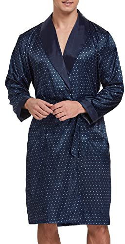 Herren Satin Bademantel, Leichter Seiden Langarm Bademantel mit Shorts Set, Spa Kimono Nachtwäsche (Blaue Tupfen, M)