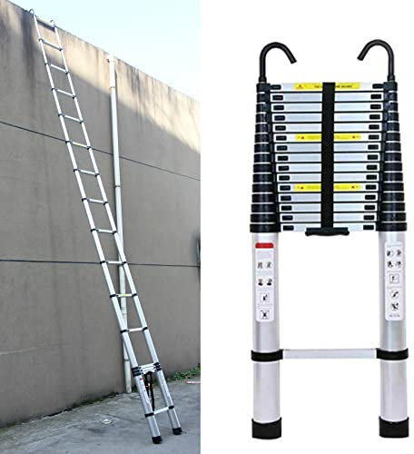 Scala telescopica in alluminio, 4,4 m, con 2 ganci, antiscivolo, allungabile, 15 pioli, scala multifunzione, facile da trasportare, portata 150 kg, colore argento