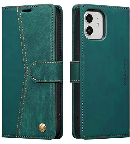QLTYPRI Hülle für iPhone 12/iPhone 12 Pro Hülle, Premium Leder Handyhülle mit Kartenfach Ständer Magnet Klapphülle Schutzhülle Flip Case Etui für iPhone 12/iPhone 12 Pro - Retro Grün