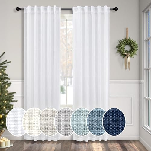 White Linen Curtains 38 Inch Wide for Bedroom 2 Panels Back Tab Rod Pocket Lightweight Flowy Cotton Textured Semi Sheer Boho Farmhouse Curtains for Living Room Classic Vintage Decor Width 38x84 Long