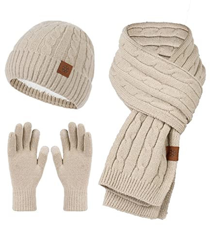 Mutze Schal Set Damen Grau, Winter Warm Niedliche Wollmütze Schal Handschuhe Slouchy Dreiteilige Winter Schnee Strickmütze Bildschirm Fäustlinge Schals Sets Schal Handschuhe Jungen