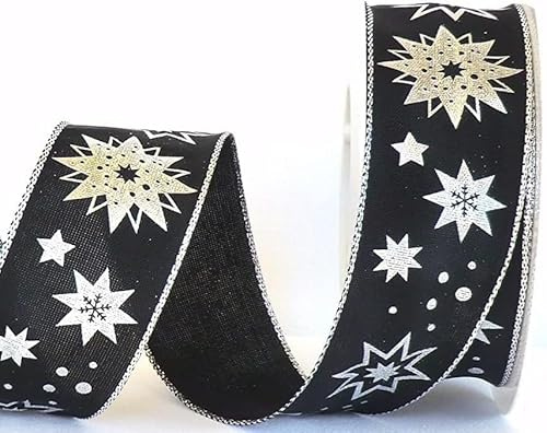 s.dekoda Schleifenband 20m x 40mm Schwarz - Silber Sterne Dekoband Geschenkband Weihnachten [5124]