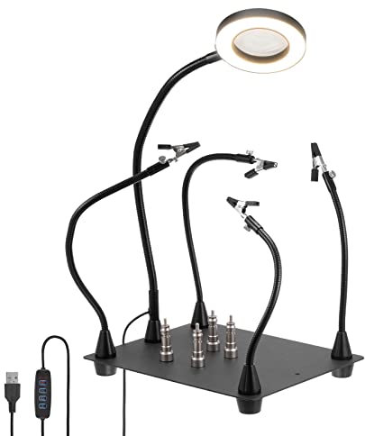 PATIKIL Helping Hands Soldering, Soldering Helping Hand with 4 Magnetic Arms Magnifying Glass and Light 3X Magnifier Lamp Holder Soldering Station Aid Tool Third Hand for PCB Crafts Repair