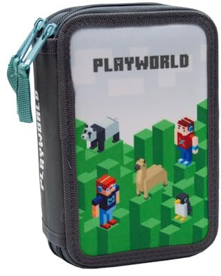 Ragusa-Trade Jungen Mädchen Kinder Playworld Gamer Gaming 3-Fach Federtasche Federmappe Schlamper, leer ohne Inhalt, grün/grau, 21 x 13,5 x 7 cm