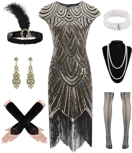 WILDPARTY 1920er Jahre Damen Flapper Kleider Pailletten Kleider Vintage Spitze Fransen Cocktailkleid mit 20er Jahre Zubehör Set, Schwarz / Gold, L