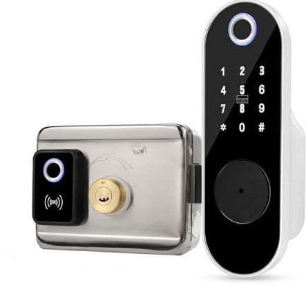 FTes RFKits Cerradura de Puerta con Huella Digital,Cerradura de Teclado sin Llave con Entrada de Llave, Contraseña Anti-Excavación,Cerradura Antirrobo Inteligente