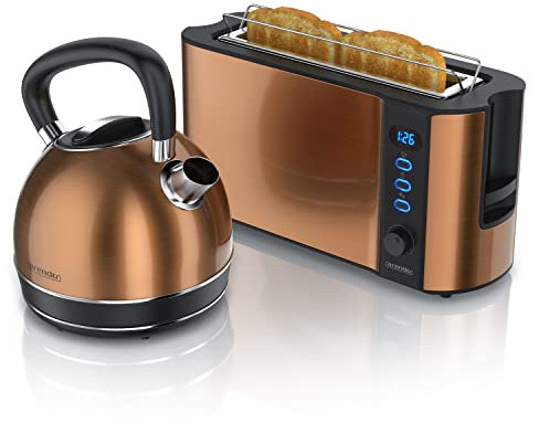Ensembles Bouilloire et grille-pain électrique en SET Bouilloire en inox 1,7 Litre 2200W Filtre anticalcaire Grille-pain 2 Tranches Ecran LED 6 niveaux de brunissage support viennoiserie cuivre