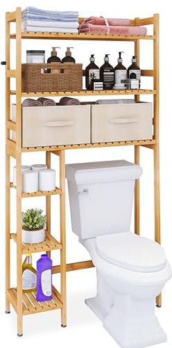 SMIBUY Over The Toilet Storage, Bamboo 6-Tier Bathroom Storage Shelf with Drawers, Freestanding Above Toilet Organizer Rack, Mass-Storage, Space Saver for Small Room (Natural)