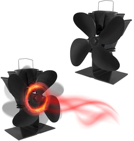 SUBTLETY Ventilador de estufa sin electricidad, ventilador de chimenea con 4 hojas, color negro, funciona con calor, funcionamiento silencioso para estufas de leña, chimeneas, hornos, temperatura de