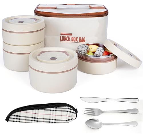 Belle Vous Set de Termo Fiambrera con Cubiertos - 4x Cajas Bento Apilables Beige de Acero Inoxidable con Bolsa Termica - Taper para Comida Caliente y Solidos de Adulto Niño o Bebe