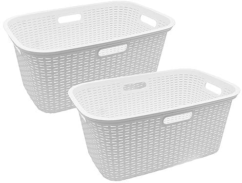 HRB Wäschekorb Plastik Rattan Optik, 40 L Wäsche Box Volumen, Wäschesammler mit 58,5 x 39 x 26 cm Außenmaß, Wäsche Sortierer groß, Aufbewahrungskorb 2 Stück, Weiß