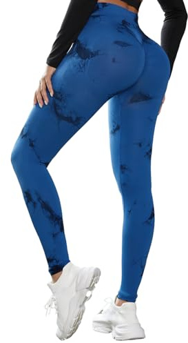 DUROFIT Scrunch Butt Leggings Damen Tie Dye High Waist Sport Leggings Po Push Up Leggings Booty Lift Leggins Gym Leggings Yoga Pants Ruched Sporthose Blue S