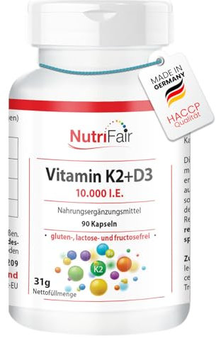 Vitamine K2 + D3 10.000 I.U. - 90 capsules - Hautement dosé - 100% végétalien - Production allemande & test en laboratoire - NutriFair | Premium & Fair