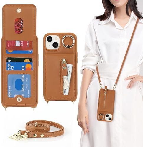 Zouzt for iPhone 15 Case with Cord and Card Holde, Zipper Wallet Case with Crossbody Lanyard Ring Adjustable Necklace Protective Cover Women for iPhone 15 6.1 Inch - Brown