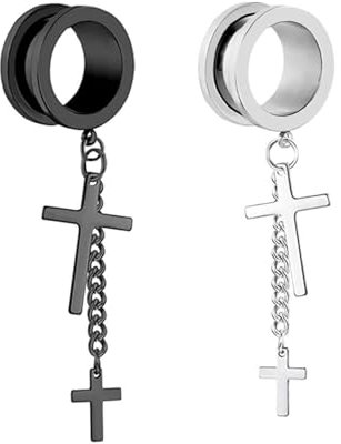 Epinki Tunnel Für Männer 2pcs, Silber Schwarz Ohrringe Rund mit Kette Kreuz Anhänger Piercing Ohr Tunnel Set 22mm, Edelstahl Piercing Schmuck