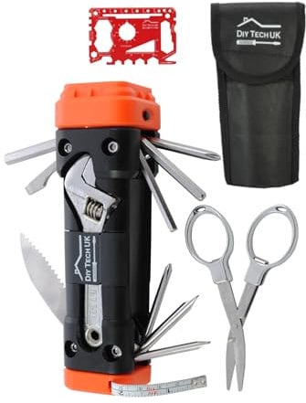 DIY TECH UK - 13 in 1 Torch and Wrench Multitool + Free 48 in 1 Wallet Tool - Latest Super-Bright LED - Extra Strong High Carbon Stainless Steel - Screwdrivers, Allen Keys, Scissors, 1m Tape Measure