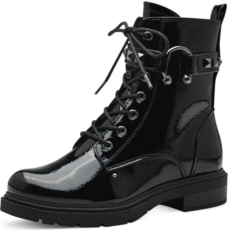 MARCO TOZZI Damen Stiefeletten zum Schnüren mit Nieten mit Reißverschluss, Schwarz (Black Patent), 40 EU