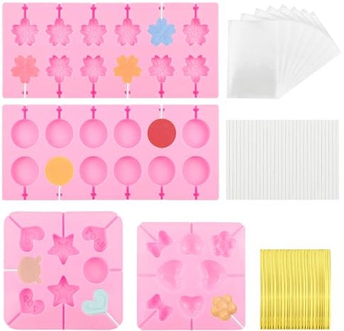 XIACIBDUS 4 Pack Silicone Lollipop Molds, 12&8 Cavity Hard Candy Mold Making Molds with 100PCS Sticks, Wrap Bags, Twist Ties, Lovely Baking Mold for Jelly, Ice Cube, Chocolate, Cookies