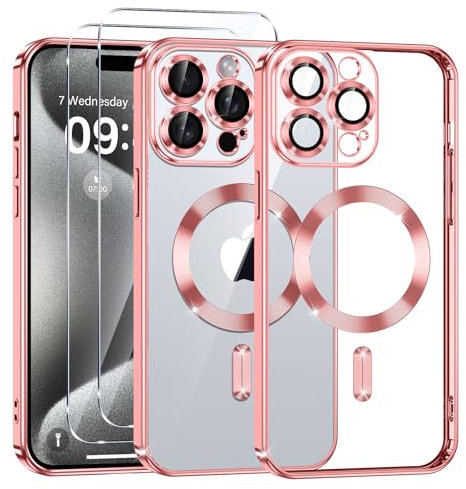 Phoona Cover Placcatura per iPhone 15 Pro Max 6,7 Pollici, Obiettivo per Fotocamera Protezione Completa e 2 × vetro temperato, Compatibile con MagSafe Ricarica Wireless, Protezione Militare, Rosa