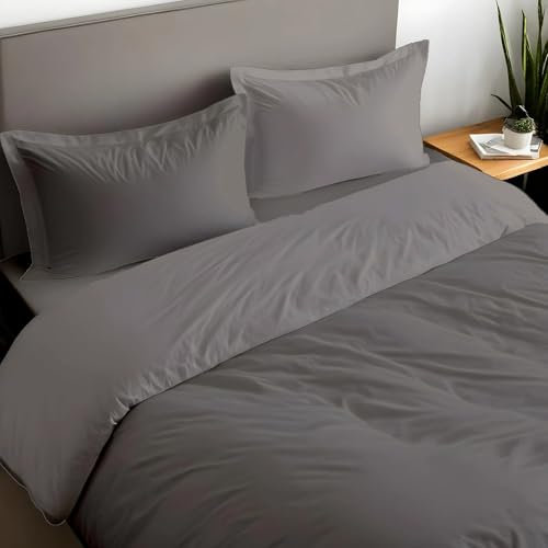 Dorian Home Parure Copripiumino In Cotone Percalle, Double Face (Grigio Scuro, Singolo, Parure Copripiumino)