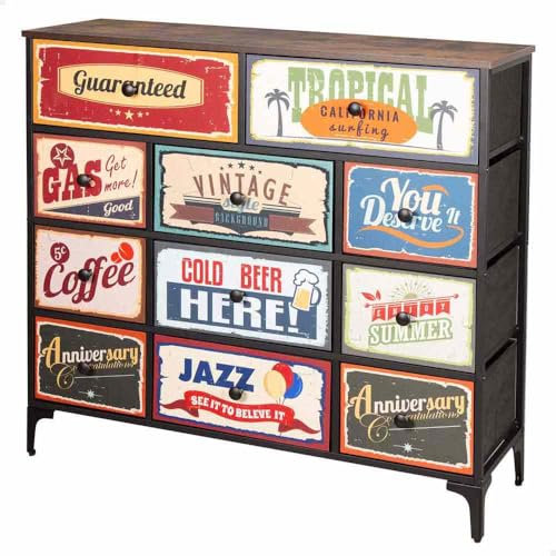AKTIVE Max Home Mehrzweck-Schlafzimmerkommode, Retro- und Vintage-Grafiken, 11 leichte Stoffschubladen, 103 x 30 x 98 cm, Stahlrahmen, Holzplatte, Nachttische, Wohnzimmermöbel (18404)