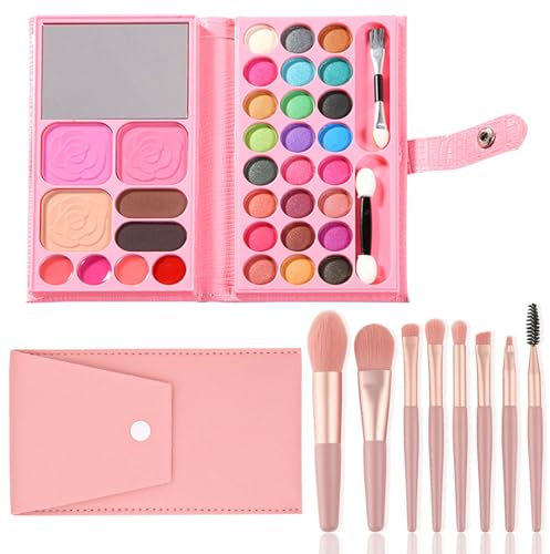 MUNSKT Set di trucchi per bambini in 33 colori, giocattoli per il trucco per bambini con 8 pennelli, kit di trucco non tossico, cosmetici lavabili per spettacoli teatrali, Halloween, Natale, festa di