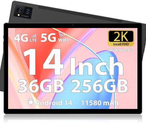 FLYCOAY Tablet 14 inch Android 14 Tablets, 256GB ROM(Expand to 2TB),36GB(12+24) RAM, Octa-Core 2.0GHz,11580mAh Battery, 2000 * 1200 FHD 4 Speakers, 4G LTE/5G WiFi, with Case,Pen,Earphone,Black