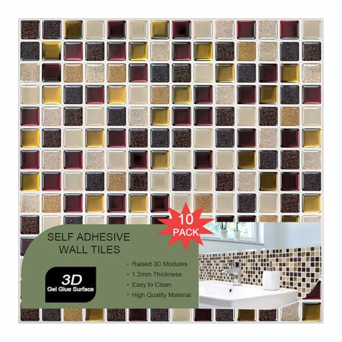 WoStick 3D Mosaik Fliesenaufkleber Klebefliesen Küche, 10 Bögen Fliesenaufkleber zum Abziehen und Aufkleben, Selbstklebend Wandfliesen, Küchenrückwände für Küche und Bad (30,5 x 30,5 cm)