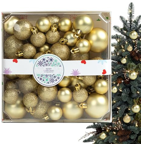 Gold Christmas Tree Baubles - 44 Piece Set | Shatterproof Hanging Balls Ornaments for Home Decor