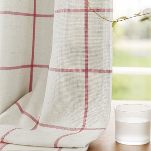 DriftAway Vorhänge, 100% verdunkelnd, kariert, Leinen, doppellagig, für Schlafzimmer, 213 cm lang, Bauernhaus, wärmeisoliert, 8,25 cm, Stangentasche, Rücklasche für Wohnzimmer, Rot, 2 Stück