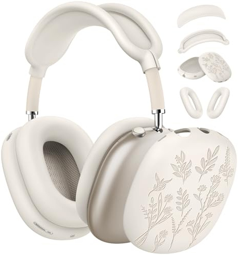 [4 in 1] Flower Engraved Silicone Case Cover for AirPods Max USB-C (2024), Anti-Scratch Sweat-Proof Ear Pad Case Cover/Ear Cups Cover/Headband Cover Accessories for AirPods Max Headphones (Stone)