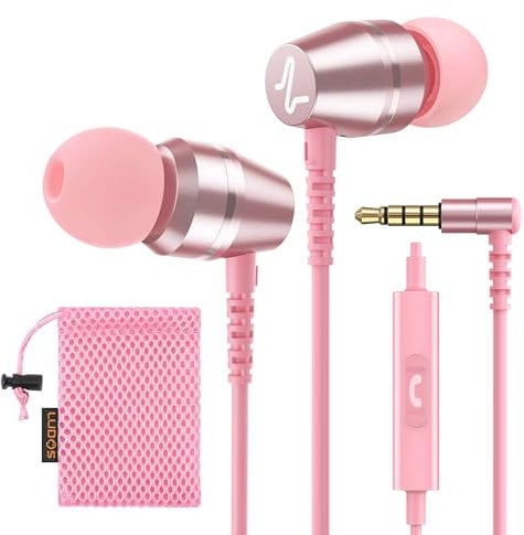 LUDOS OMNITONE Kopfhörer In Ear Kopfhörer mit Kabel und Mikrofon, 5 Jahre Garantie, In Ear Ohrhörer, 3,5 mm Klinkenstecker Earbuds, Satte Bässe Earphones, Headphones für iPhone, iPad, Samsung - Rosa