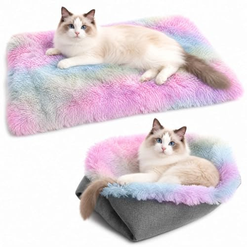 DYUEE 2 in 1 Soft Plush Blanket Furry Self Warming Cat Mat Function | Bed for Indoor Cats Fluffy Soft Cat Bed for Cats Small Dogs, Multicolour