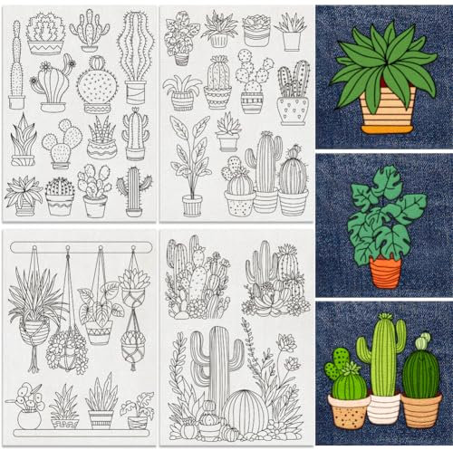 DOODLREAM 30Pcs Bonsai Cactus Embroidery Pattern Stabilizers, 8.3”x11.7” Potted Cacti Water Soluble Stick and Stitch Embroidery Stickers, 4 Sheets Cactus Hand Sewing DIY Embroidery Transfer Paper